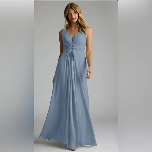 NWT Azazie Gina Dolphin Grey A-Line V-Neck Pleated Bridesmaids Dress Women’s 10