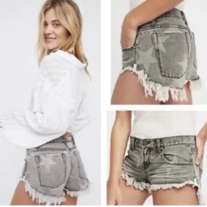 ONE Teaspoon X Free People Bonita Star Cut Off Jean Shorts Washed Out Black 25