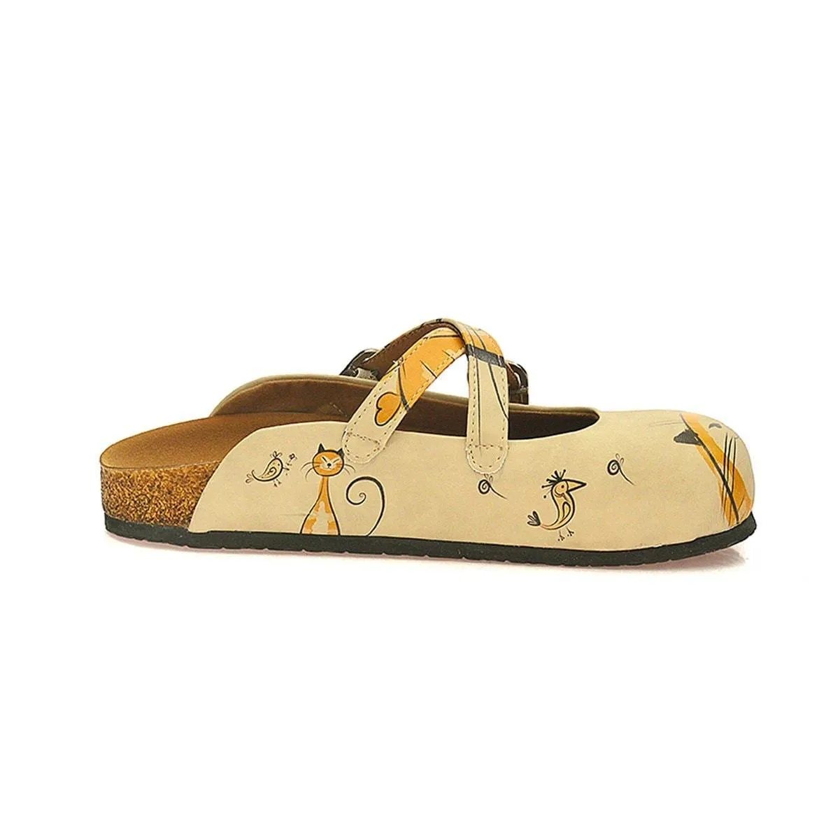 Orange and Yellow Colored, Cat and Bird Beige Patterned Clogs - CAL103