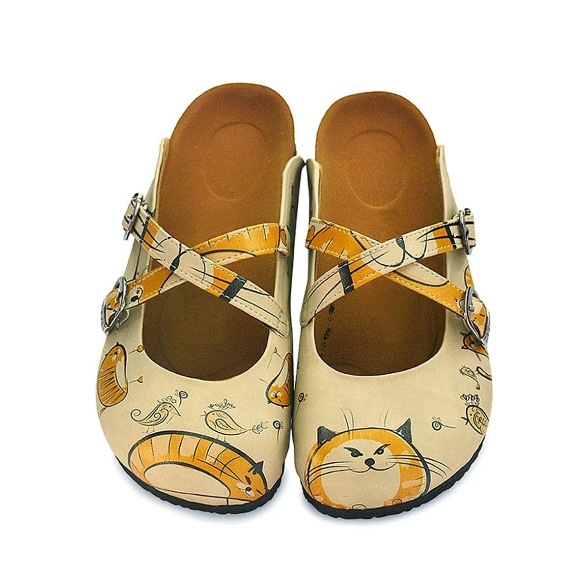 Orange and Yellow Colored, Cat and Bird Beige Patterned Clogs - CAL103