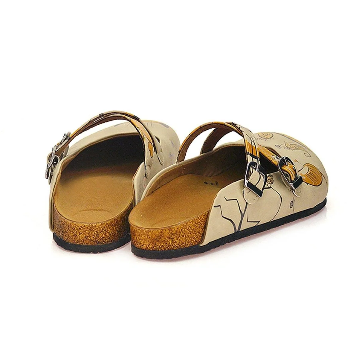 Orange and Yellow Colored, Cat and Bird Beige Patterned Clogs - CAL103
