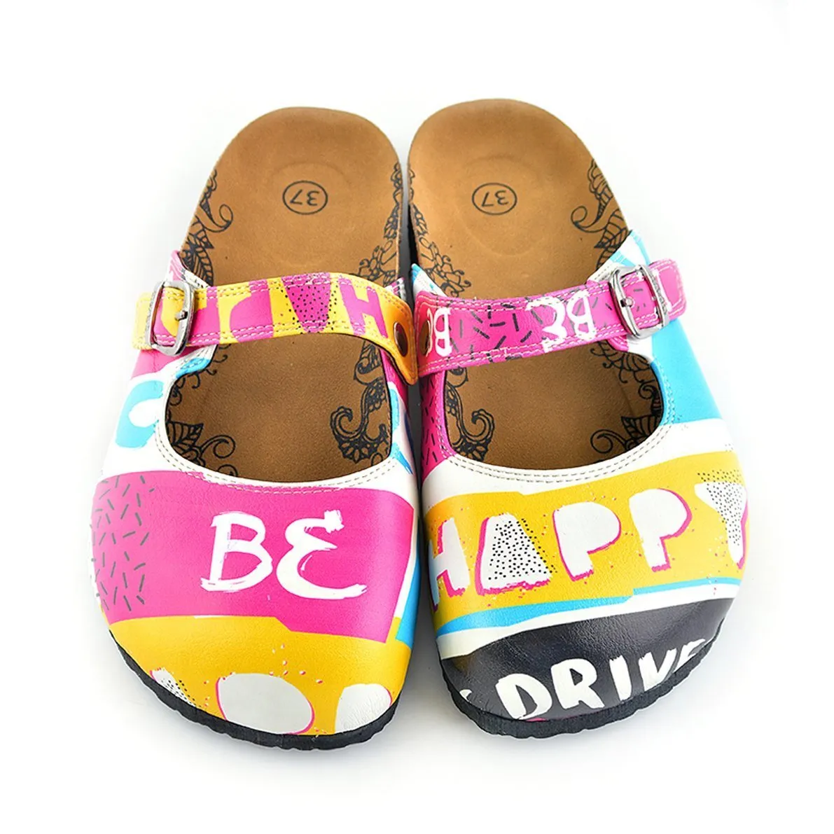 Pink, Blue, Yellow Colored Striped Pattern and be Happy Written Patterned Clogs - CAL809