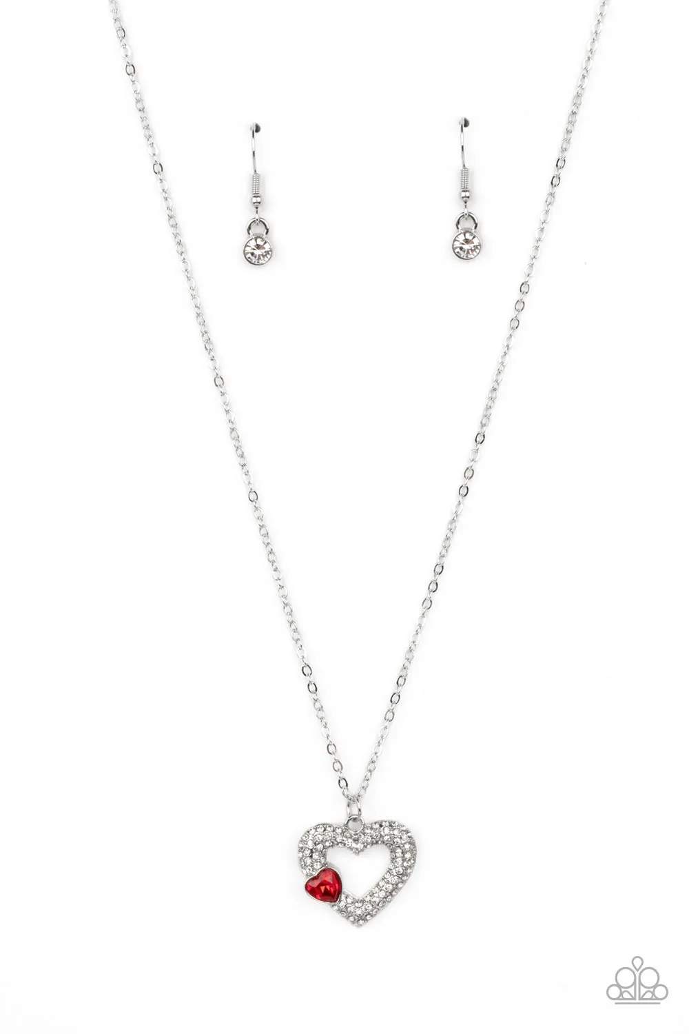 "Bedazzled Bliss" Silver Metal & White/Red Rhinestone Double Heart Necklace Set