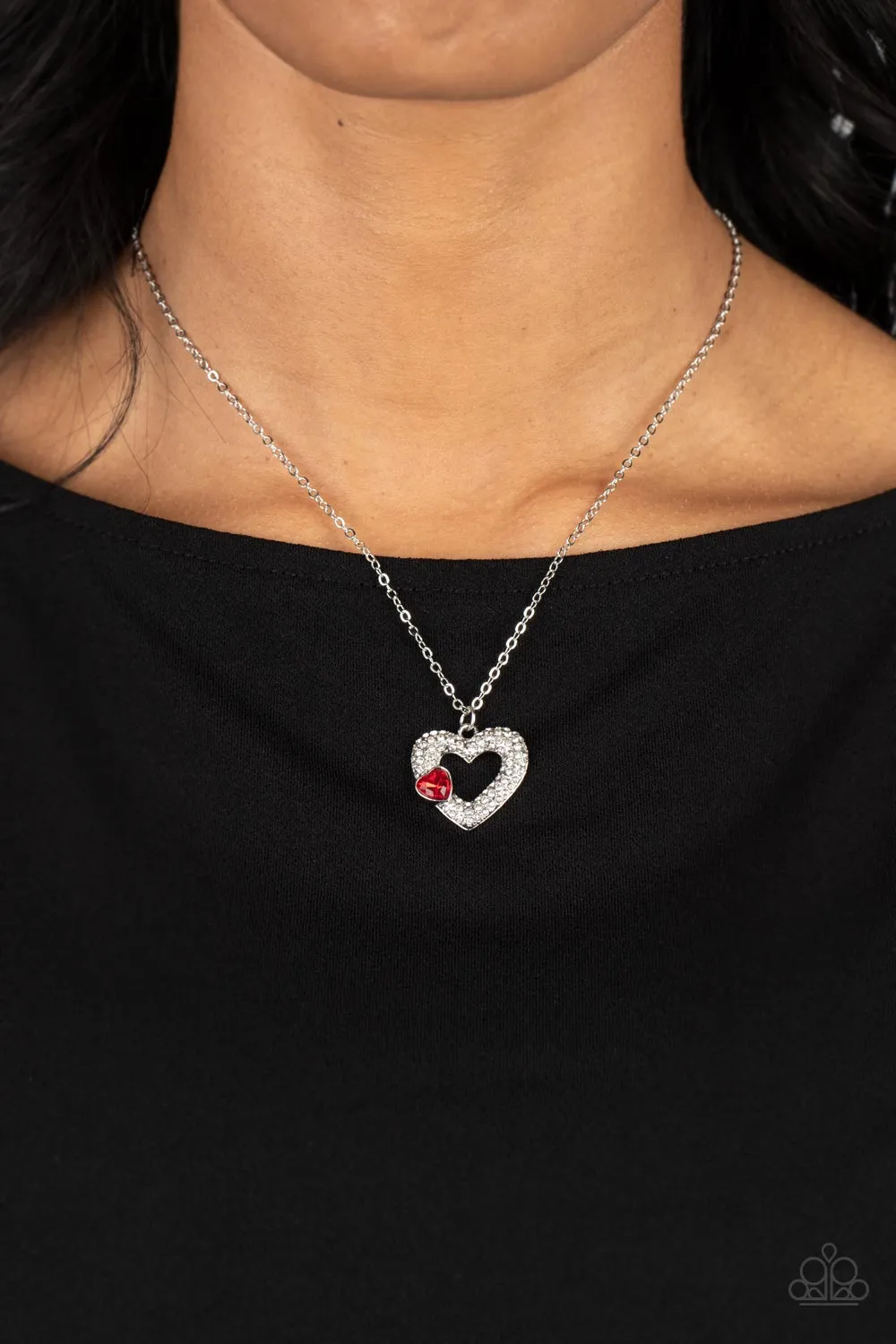 "Bedazzled Bliss" Silver Metal & White/Red Rhinestone Double Heart Necklace Set