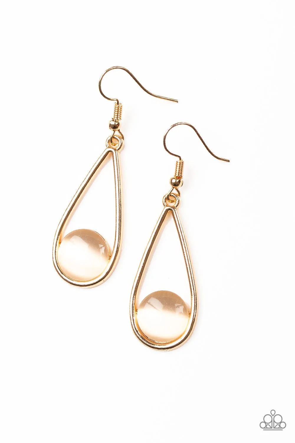 "Over the Moon" Gold Metal Oval & Round Peachy Cats Eye Dangle Earrings