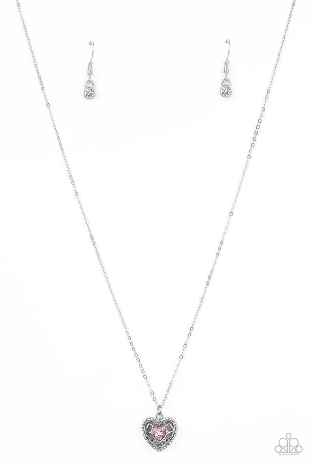 "Treasures of the Heart" Silver White Halo & Pink Rhinestone Heart Necklace Set