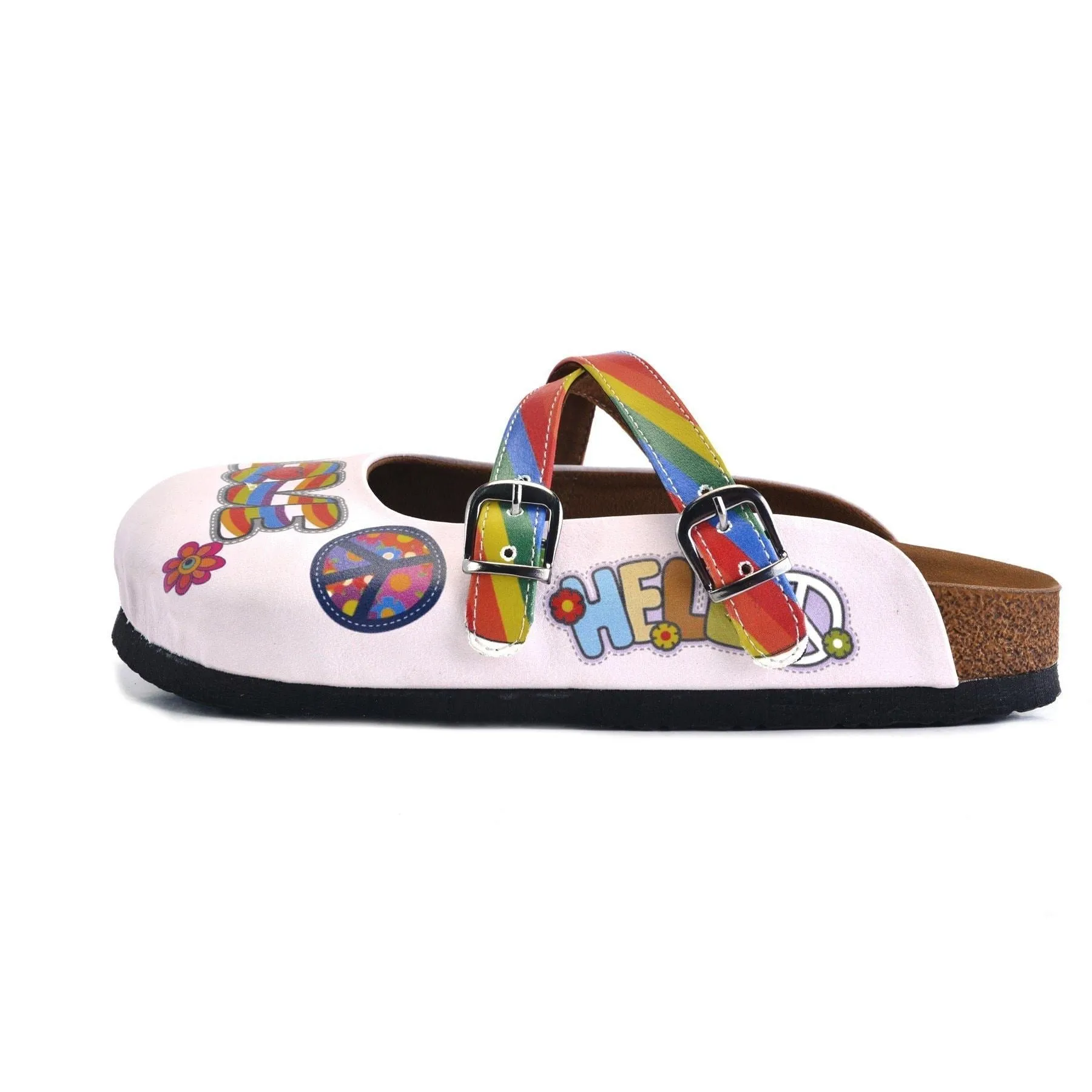 Rainbow Patterned, Peace Love Written Patterned Clogs - WCAL162
