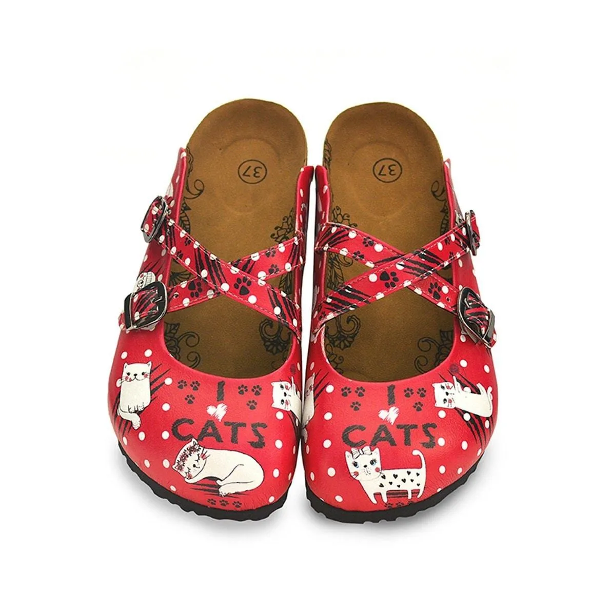Red and White Colored Polkadot and Paw, White Sleeping Cat Patterned Clogs - WCAL132