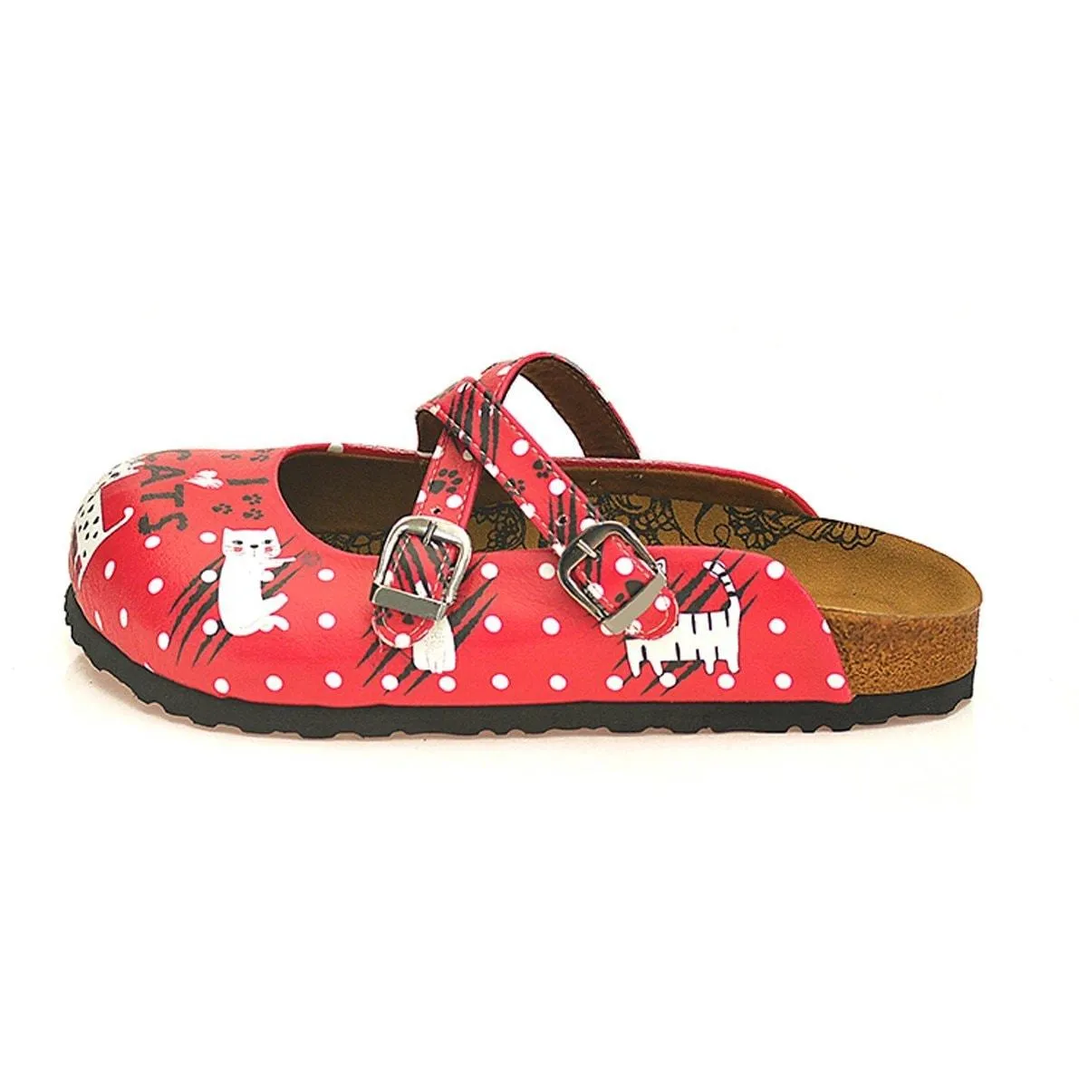 Red and White Colored Polkadot and Paw, White Sleeping Cat Patterned Clogs - WCAL132