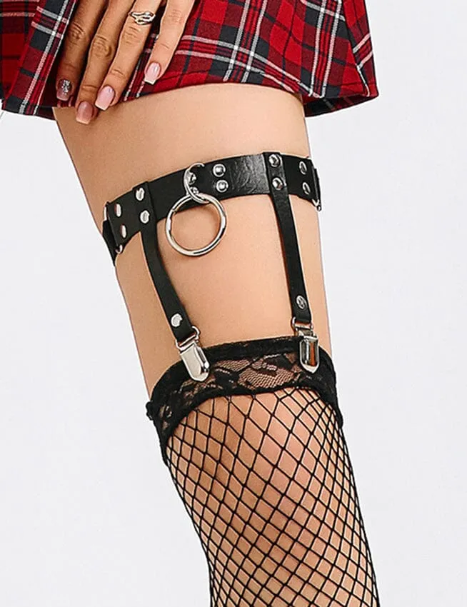 Scandals Leather Adjustable Stud O-Ring Garter with Clips