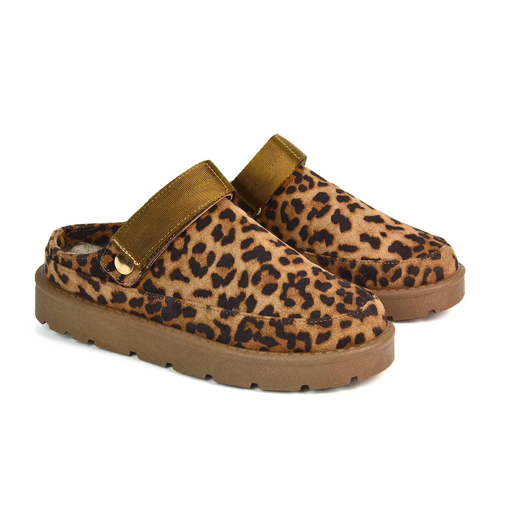 Sienna Closed Toe Clogs Strap Slingback Faux Fur Lined Comfy Slippers in Cheetah