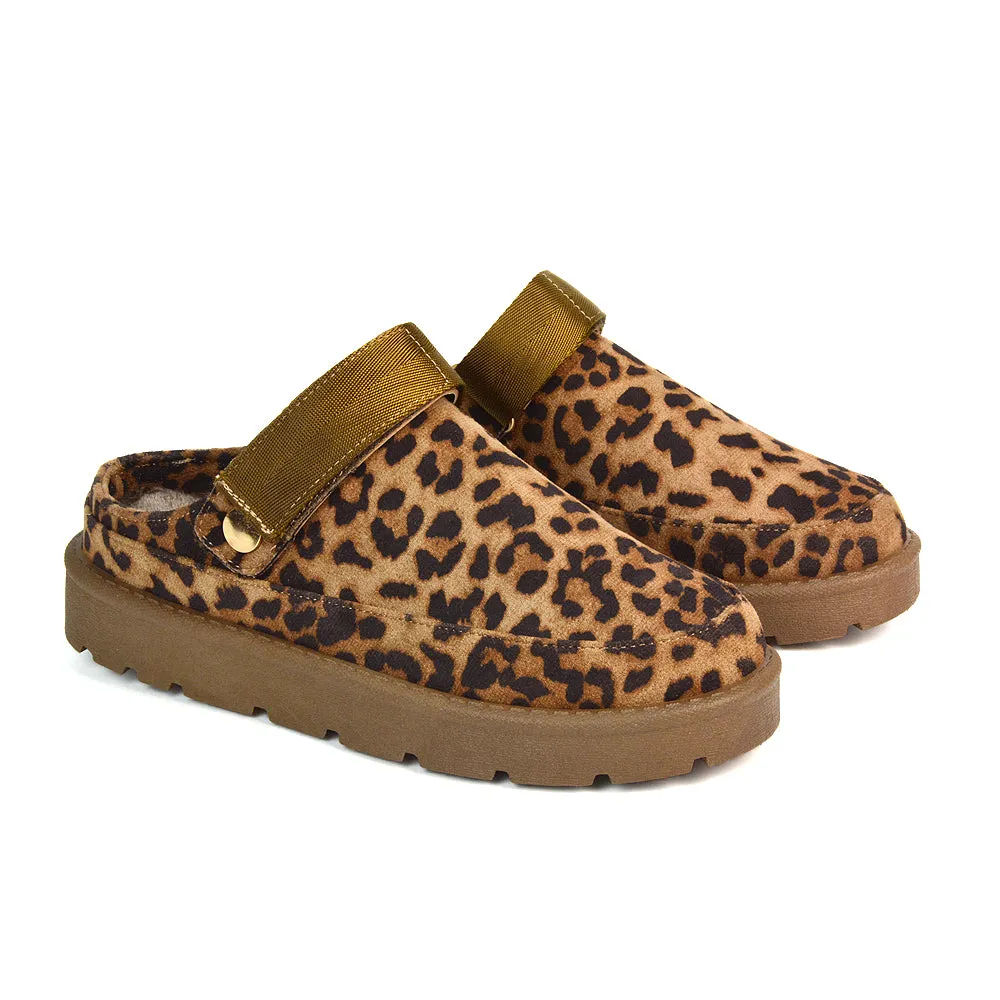 Sienna Closed Toe Clogs Strap Slingback Faux Fur Lined Comfy Slippers in Cheetah