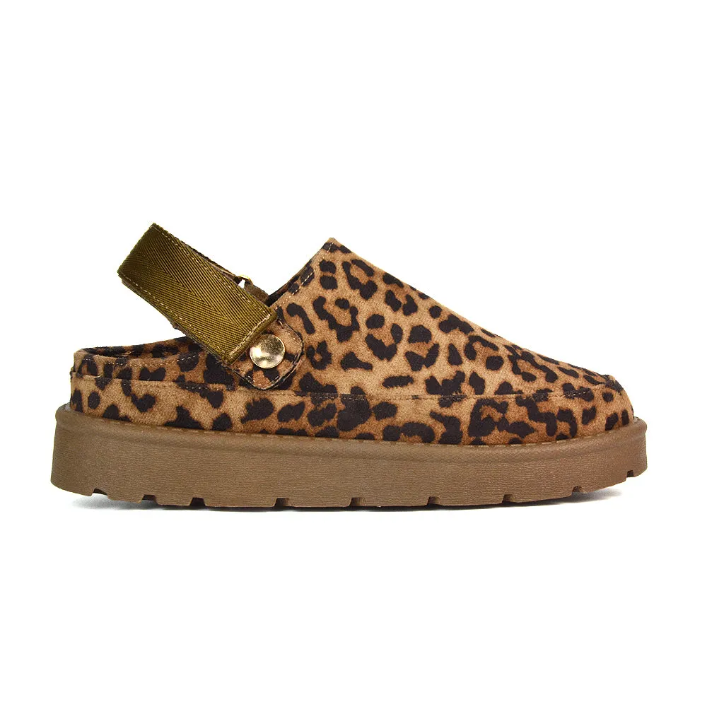 Sienna Closed Toe Clogs Strap Slingback Faux Fur Lined Comfy Slippers in Cheetah