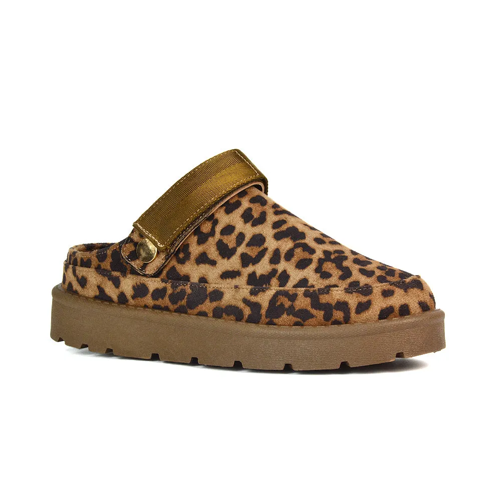 Sienna Closed Toe Clogs Strap Slingback Faux Fur Lined Comfy Slippers in Cheetah
