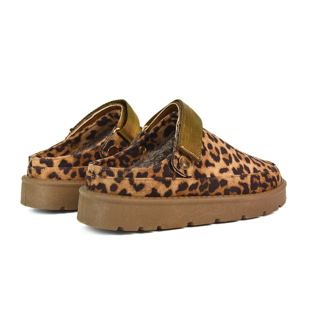 Sienna Closed Toe Clogs Strap Slingback Faux Fur Lined Comfy Slippers in Cheetah