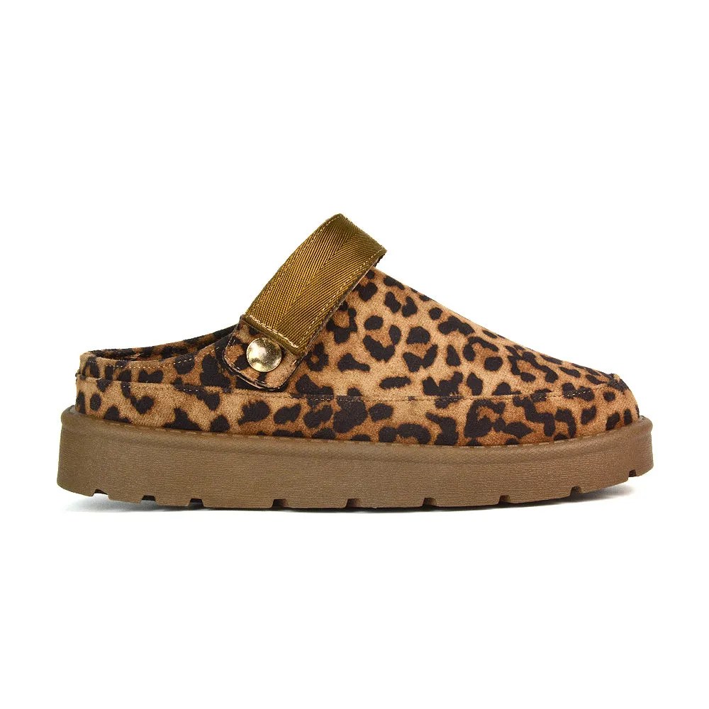Sienna Closed Toe Clogs Strap Slingback Faux Fur Lined Comfy Slippers in Cheetah