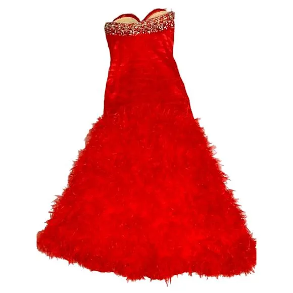 Tiffany Designs size 6 Dress Red Mermaid Organza Skirt Strapless‎ rhinestone top