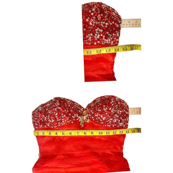 Tiffany Designs size 6 Dress Red Mermaid Organza Skirt Strapless‎ rhinestone top