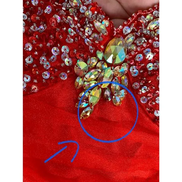 Tiffany Designs size 6 Dress Red Mermaid Organza Skirt Strapless‎ rhinestone top