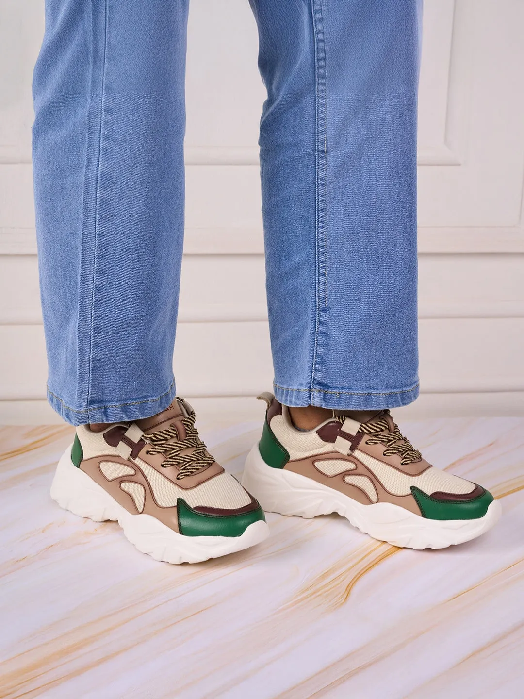 Women's Beige/Green All Seasons Wearing Sneakers (IU1001)