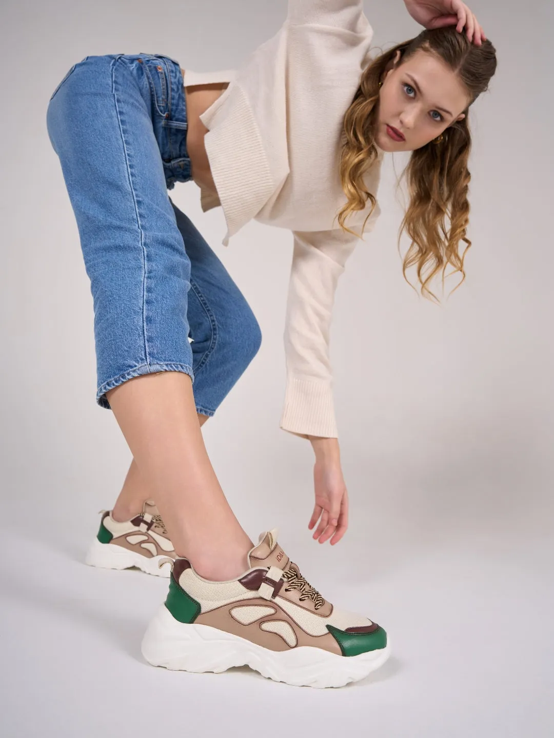 Women's Beige/Green All Seasons Wearing Sneakers (IU1001)