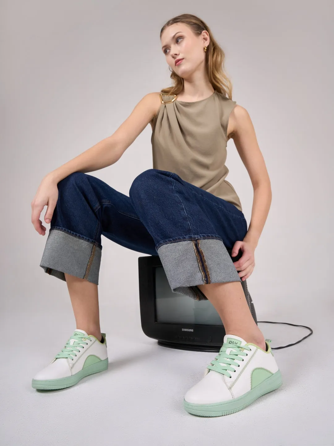Women's White/Green Platform Sneakers (IU1015)